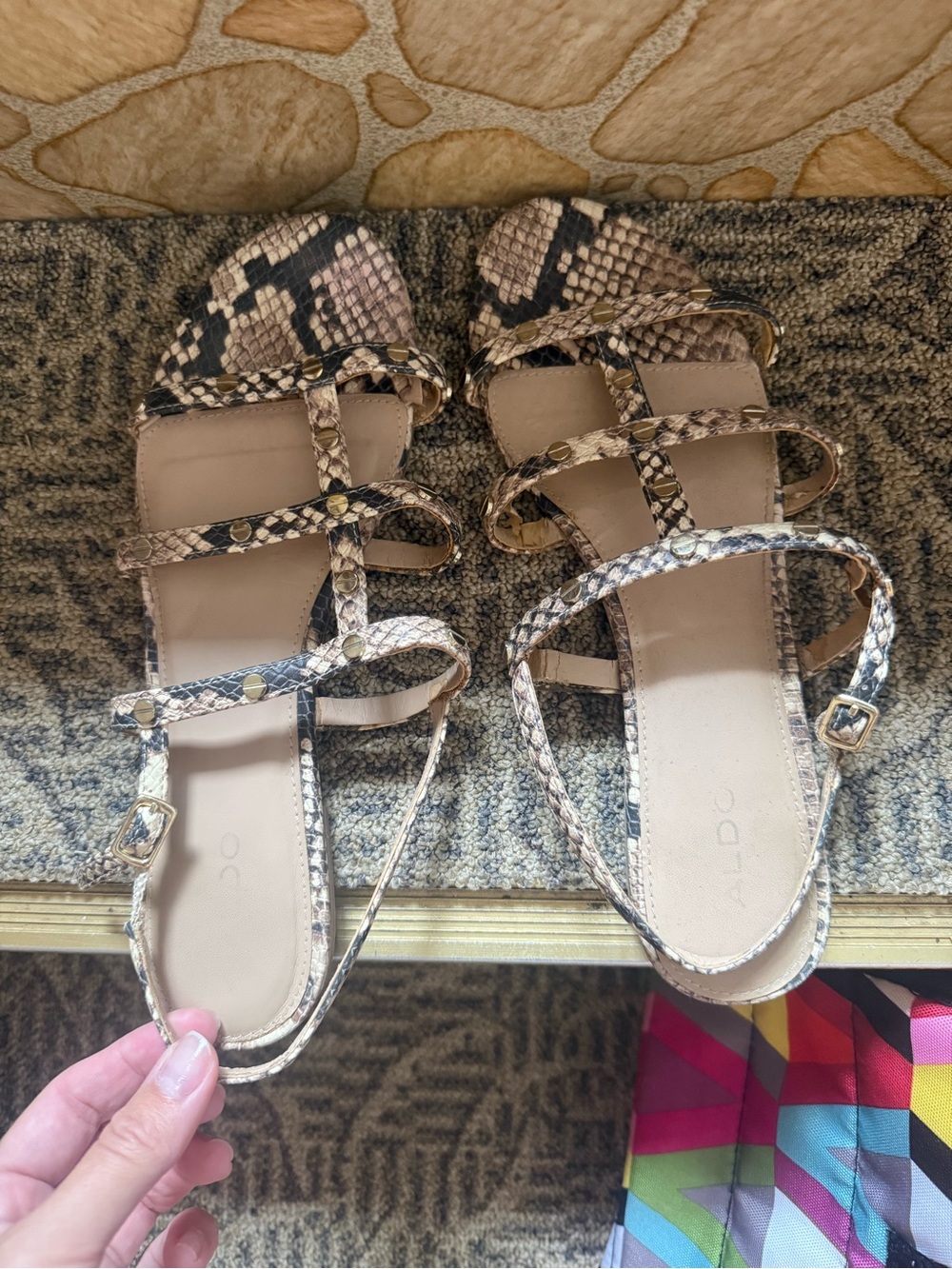ALDO Beige Snake-Print Multi-Strap Flat Sandals